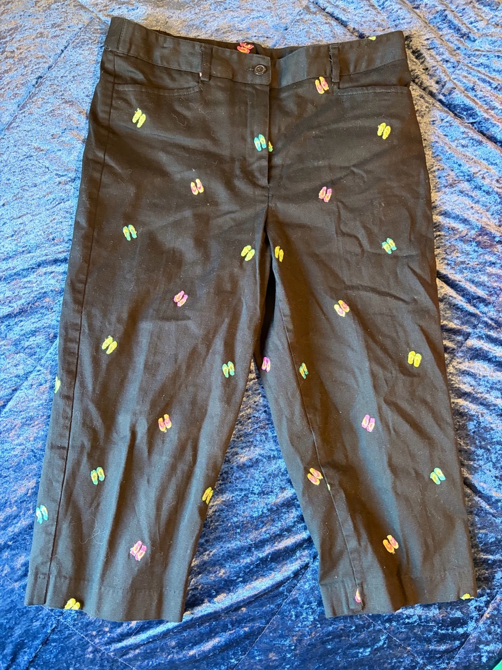 Black Capri Pants with Multicolor Flip-Flop Embroidery